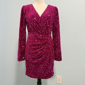 LOVE RICHE Pink Velvet Sequin Long Sleeve V Neck Wrapped Mini Dress Size S